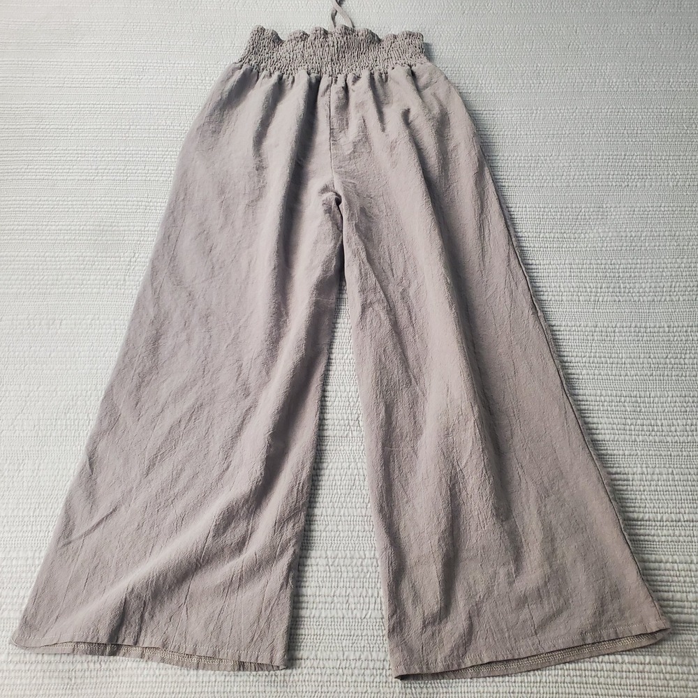 100% Cotton Grey Wide Leg Pants Women XL Taupe Smocked High Waist Gauze Boho